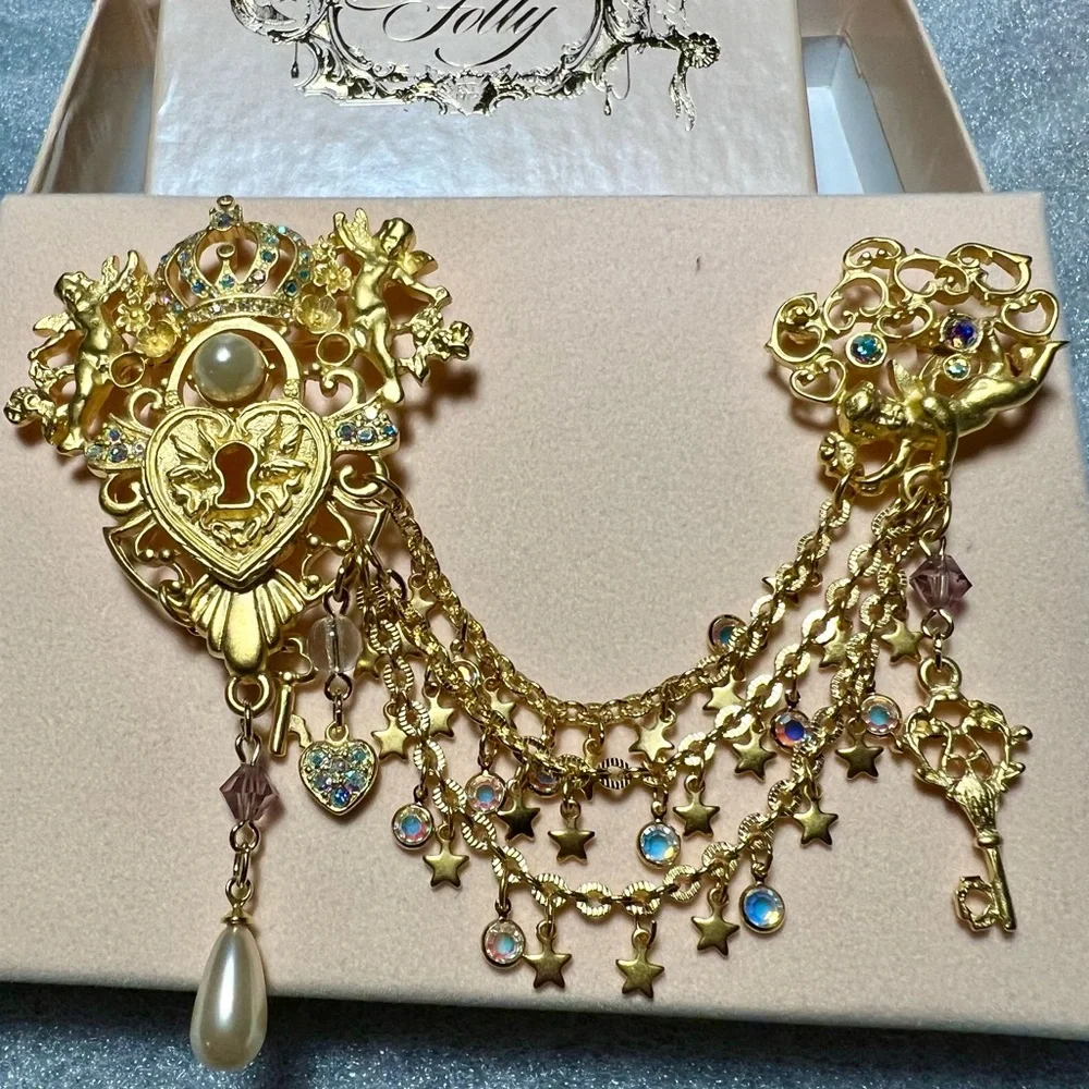 Vintage Kirk’s Folly rare Chatelaine angels double pin Brooch.